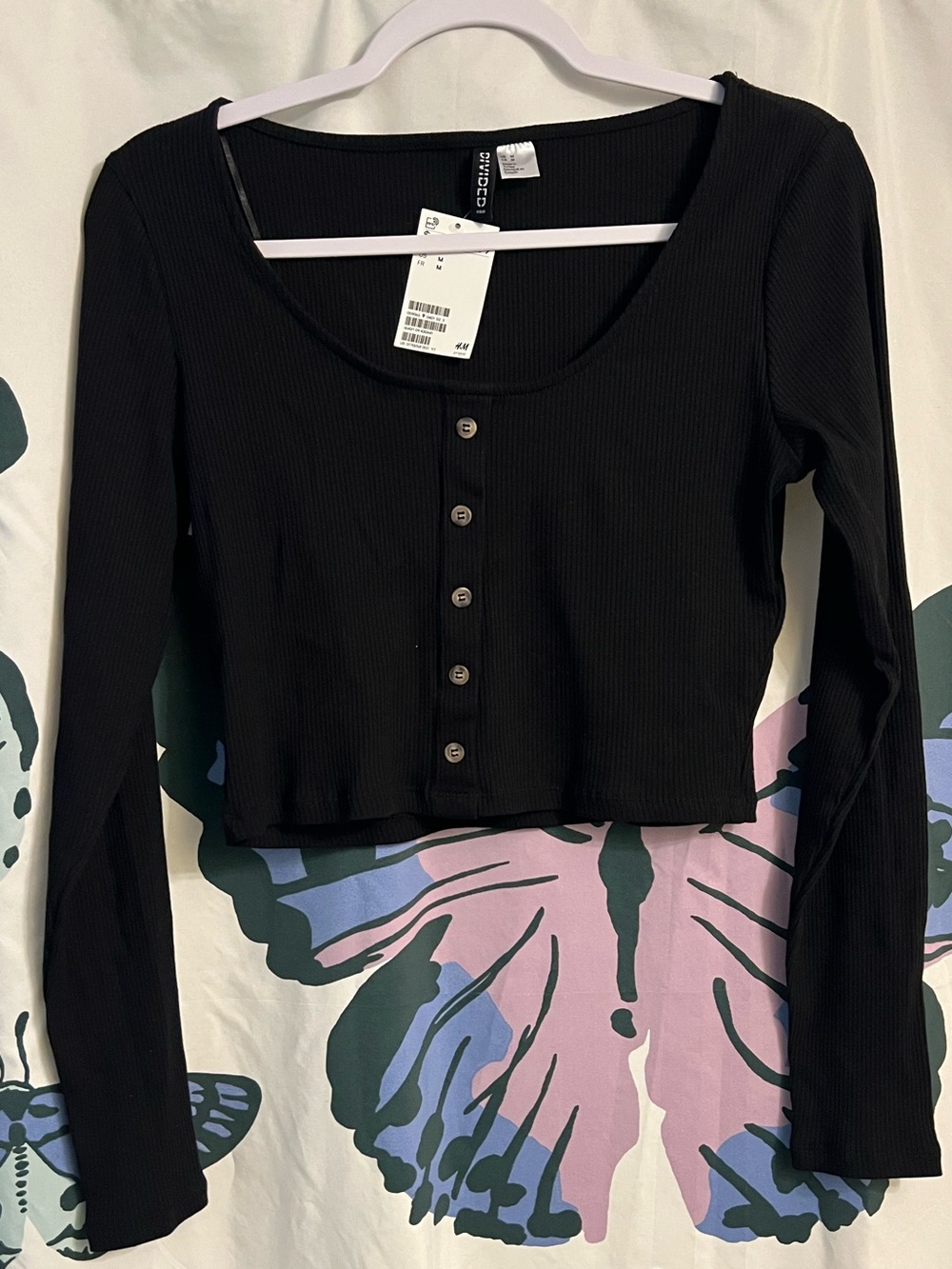 H&M Black Ribbed Button-Front Cropped Long Sleeve Top